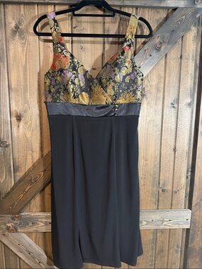Black Midi Dress with Gold and Purple Floral Brocade Bodice